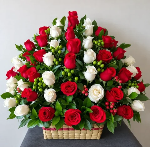 Canasta de Rosas Rojo y Blanco